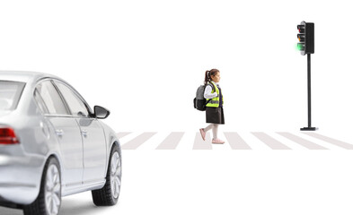 Car at a pedestrian and schoolgirl wearing safety vest and crossing a street