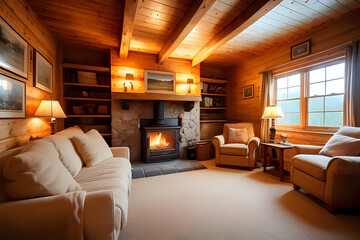 A cozy cottage-style room with a fireplace and warm lighting. Living room with fireplace. 3d rendering
