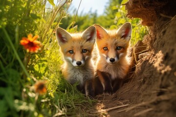 Fototapeta premium Two red fox, cubs looking around near den on a sunny day in summer. Generative AI