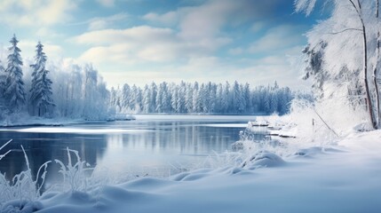 Obraz premium Frozen lake in snowy forest. Generative AI