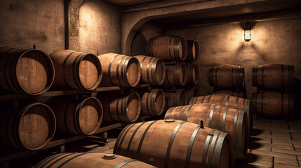 Wine barrels in wine vaults, Wine or whiskey barrels - obrazy, fototapety, plakaty