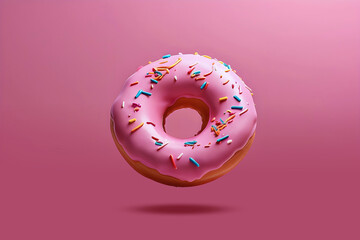 a floating pink glazed donut with sprinkles on a pink background.