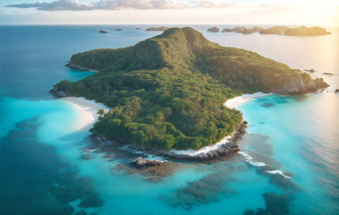Fototapeta premium Aerial view of a beautiful tropical island at sunset.