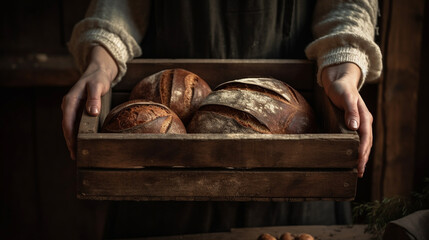 Woman holds fresh made sourdough bread in a wood crate - obrazy, fototapety, plakaty