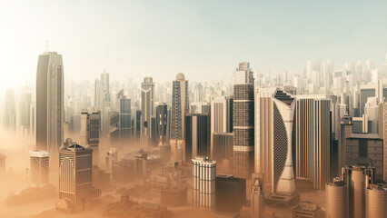 Modern metropolis with skyscrapers at sunset. City in a sandstorm. 3d illustration