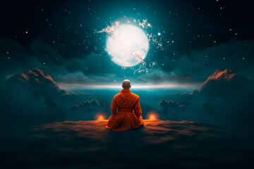 rear view buddhist monk meditating on the mountain with moon and clouds in the background - obrazy, fototapety, plakaty