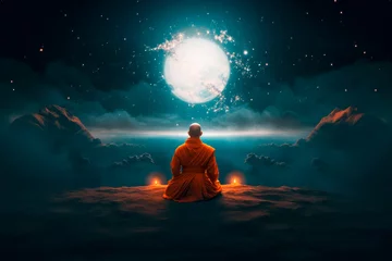 Foto op Canvas rear view buddhist monk meditating on the mountain with moon and clouds in the background © oscargutzo