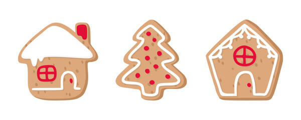 Gingerbread houses and fir tree Christmas cookies set. Flat cartoon style.