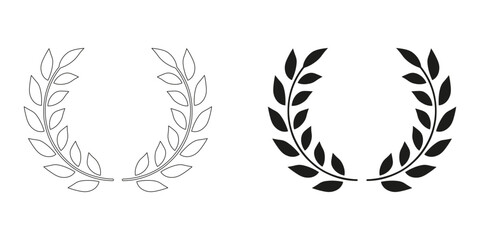 Laurel Wreath, Chaplet Line and Silhouette Black Icon Set. Champion Certificate, Victory Award. Winner Emblem Pictogram. Olive Leaf, Tree Branch Symbol Collection. Isolated Vector Illustration