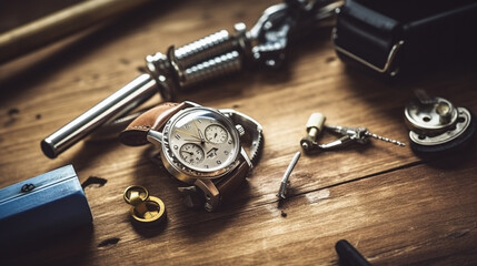 Wrist watch and tools for repair on wooden background