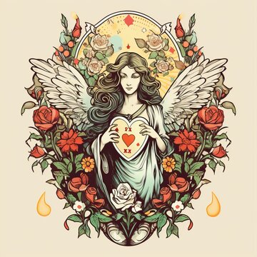 a drawing of woman holding heart with flowers around it