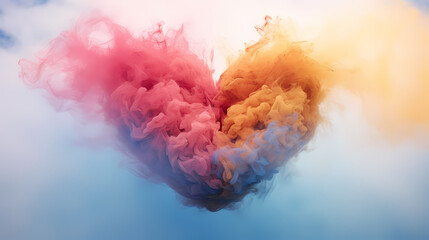 Fototapeta premium Clouds made of smoke in the shape of a heart, in the sky, the colors are bright and combined, pink, yellow, gold, blue, realistic photo mininalism, surrealism