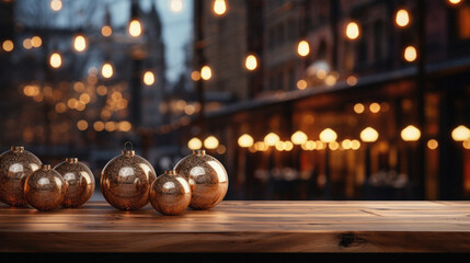 Christmas balls on wooden table in front of blurred background with bokeh.