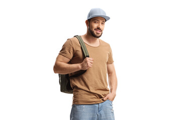 Guy with a cap carrying a backpack