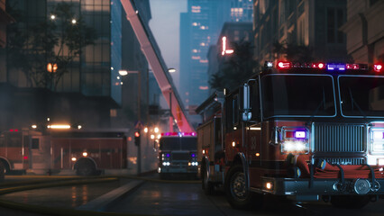 A fire trucks with flashing red lights. Fire trucks on the night street. Emergency fire truck rescue - obrazy, fototapety, plakaty