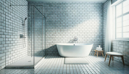 Baño moderno minimalista con azulejos blancos y luz natural - obrazy, fototapety, plakaty