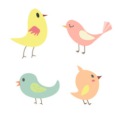 Set of cute birds. Vector flat design, kids illustration. Cartoon style.