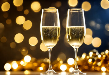 Champagne for festive cheers with gold sparkling bokeh background. AI generated