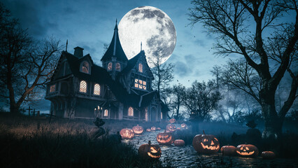 Old ghost house in a dark forest on a moonlit night. Horror house at the moon light