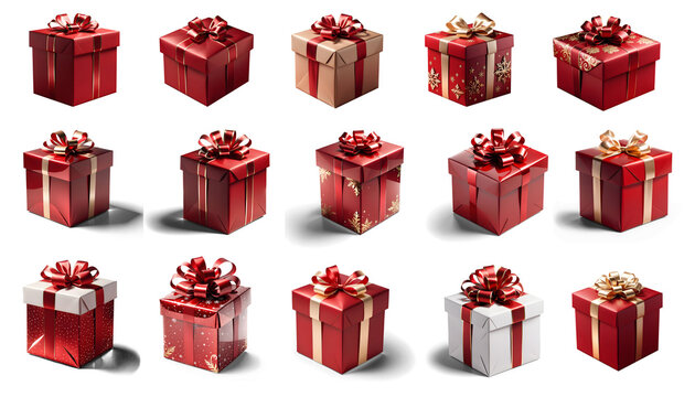 Set of gift boxes with ribbon isolated on a transparent background. Set of Christmas present.