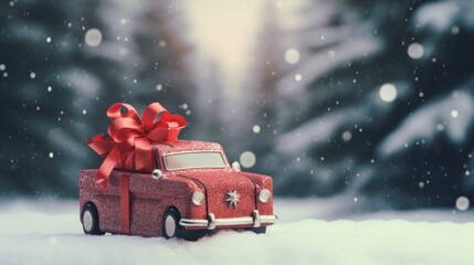 Christmas New Year card. Creative design with a toy car. A small retro vintage red car gift with bow in winter forest during a snowfall. Generative AI.