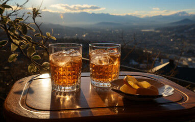 dwa szklane kieliszki z napojem alkoholowym na tarasie z widokiem na góry w słoneczny dzień - obrazy, fototapety, plakaty