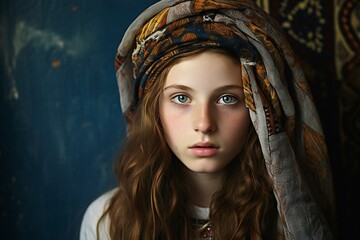 Portrait of a beautiful young girl in a headscarf - obrazy, fototapety, plakaty