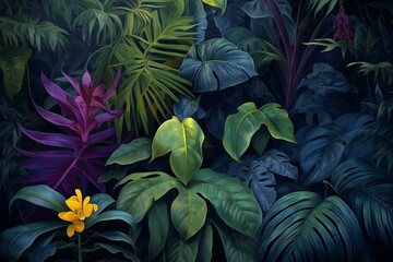 Dark tropical jungle background with monstera leaves and flowers