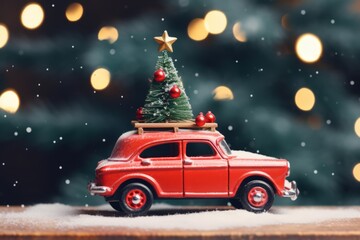 Christmas New Year card. Creative design with a toy car. A small retro vintage red car on snowy table with fir tree on roof. Generative AI. Garlands of bokeh. Side view.