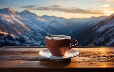 filiżanka kawy na tarasie widokowym z widokiem na panoramę gór w słoneczny zimowy dzień. - obrazy, fototapety, plakaty