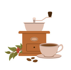 Сoffee cup and grinder hand draw vector illustration.