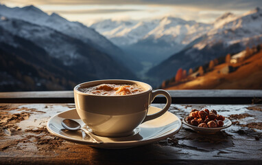 filiżanka kawy na tarasie widokowym z widokiem na panoramę gór w słoneczny zimowy dzień. - obrazy, fototapety, plakaty