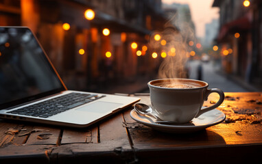 filiżanka gorącej kawy na stoliku w kafejce obok laptopa. - obrazy, fototapety, plakaty