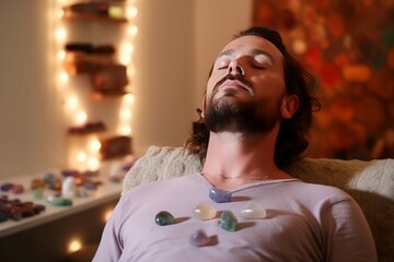 Man during crystal healing session in therapy room. Heal soul inner male patient. Generate Ai