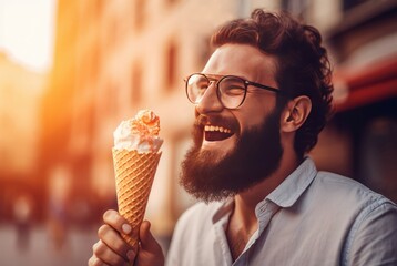 Happy man eat ice cream cone at street. Summer hot fun adult face. Generate Ai