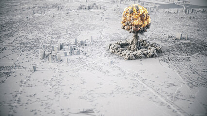 Explosion of a nuclear bomb in the city. Nuclear bomb explosion with a mushroom cloud. Weapon of mass destruction. 3d illustration