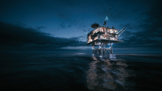 Oil rig platform at the sea. Oil rig at night. Offshore drilling rig and oil platform in the ocean. Offshore oil and gas production platform at night. 3d illustration