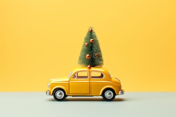 Yellow vintage retro toy car with Christmas tree on the roof. Side view. Merry Christmas and Happy New Year greeting card with copy space. Generative AI.