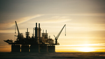 Fototapeta na wymiar Offshore oil platform in the ocean at sunset. Offshore jack up drilling rig in ocean. 3d illustration