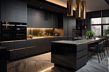 Kitchen interior design in black and gold colours. 