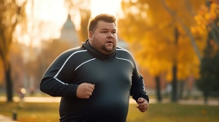 Young Caucasian man jogging through the empty autumn park. Be alone with yourself during your morning run and recharge your batteries for the whole day. Keeping fit and fat burning concept.