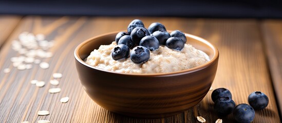 Blueberry oatmeal in a bowl on a wooden table