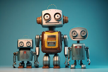 Cartoon old-fashioned robots standing together against a blue plain background. 