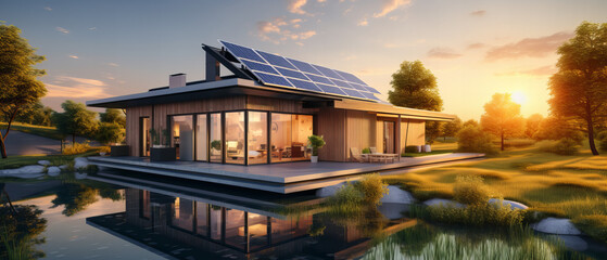 Haus der Zukunft  am See mit Solar Energie, Sonnenkollektoren bei Sonnenuntergang. Konzept für erneuerbare Energien 
