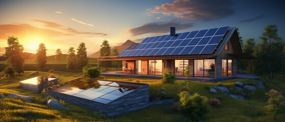 Haus der Zukunft  mit Solar Energie, Sonnenkollektoren bei Sonnenuntergang. Konzept für erneuerbare Energien 
