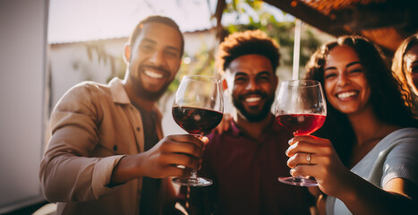 Group of people drinking red wine from wine glasses at celebration - theme alcohol, wine, socializing - obrazy, fototapety, plakaty