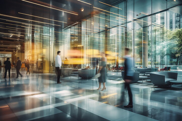 Long exposure of business entrance hall or lobby with blurred people