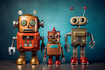 Naklejka premium Classic retro old-fashioned robots looking at the camera. 