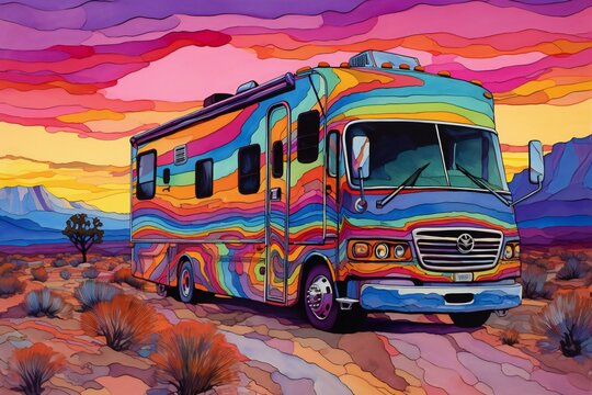 Camper trailer in the desert at sunset,  Cartoon colorful illustration