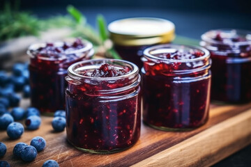 Close up of blueberry jam in jar in background of green nature. Meal concept of food and cooking. - obrazy, fototapety, plakaty